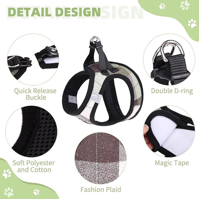 KOOLTAIL Small Dog Harness & Leash Set, Soft Mesh Padded Adjustable Reflective Plaid Harness, Green S