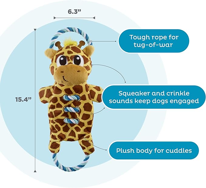 Outward Hound Ropiez Rope Interactive Dog Tug Toy for Tugging Squeaky Fun, Giraffe, Yellow, Small