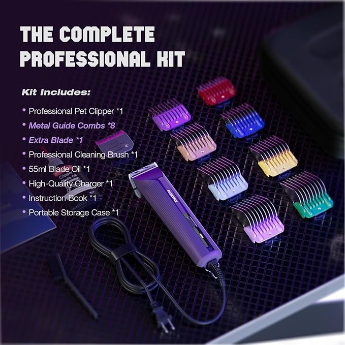 AmpFix Professional Dog/Pet Grooming Clippers - 2-Speed Heavy-Duty Motor, 2 Detachable Blade 8 Metal Combs, 10ft Cord, Runs Cool & Quiet, Anti-Slip Shatter-Proof Housing for All Animal Coats