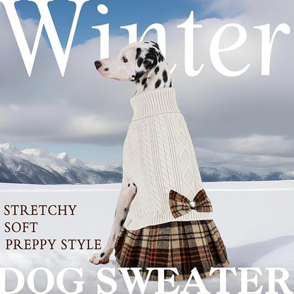 KYEESE Dog Sweater Pullover Dog Sweaters for Large Dogs Soft Turtleneck Pet Sweater Dress with Bowtie Warm Comfy Pet Coats Thick Dogs Clothes, White, XXX-Large
