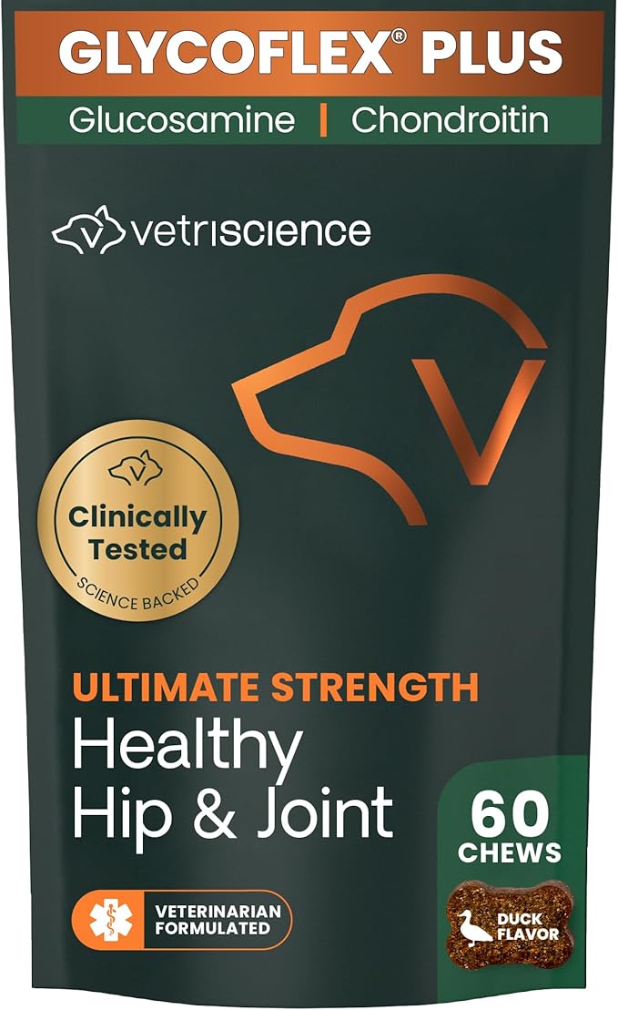 VetriScience Ultimate Strength Healthy Hip & Joint Chews, GlycoFlex Glucosamine, Chondroitin and Green-Lipped Mussel Joint Support Supplement for Dogs, Soothe Joint Discomfort, Duck, 60 Count