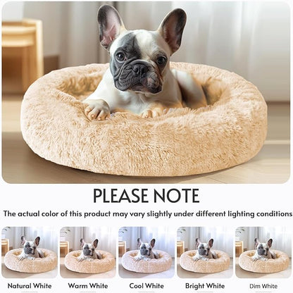 JOLLYVOGUE Calming Dog Bed Large Size Dog, Anti-Anxiety Donut Large Pet Bed, 36 inches Fluffy Faux Fur Round Cat Bed, Fits up to 75 lbs Pets (Off White)