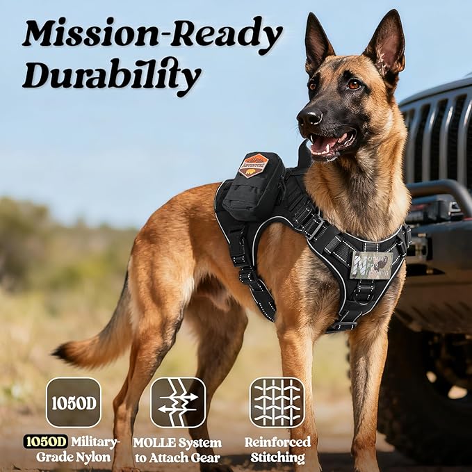 rabbitgoo Tactical Dog Harness Small Sized, No Pull Upgraded Reflective Heavy Duty Molle Vest with Handle, Adjustable Military Service Dog Vest for Walking Hiking Training, Black, S
