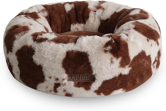 UnHide Floof Pet Bed - Small (23" x 8") - Extra Soft Dog Bed - Removable Faux Fur Cover - Machine Washable - Helps Ease Pet Anxiety & Provides The Perfect Sleep - Cowhide