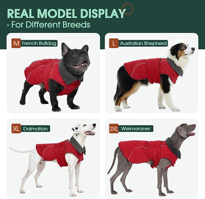 Kuoser Dog Jacket Warm Fleece Lined Dog Coats for Small Dogs, Waterproof Pet Coat Reflective Puppy Snowsuit with Harness Hole for Cold Weather Walking Hiking, Quilted Dogs Winter Vest, Red, S