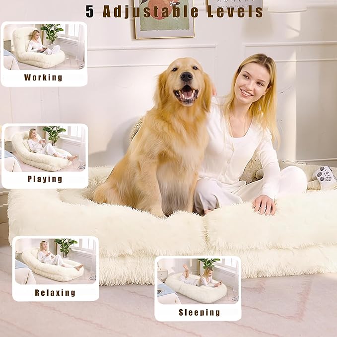KEIKI 69" Human Dog Bed for Adults, Plush Faux Fur Giant Dog Bed with Adjustable Recliner Function, Foldable Nest Sofa with Pillows for Bedroom or Living Room, Beige