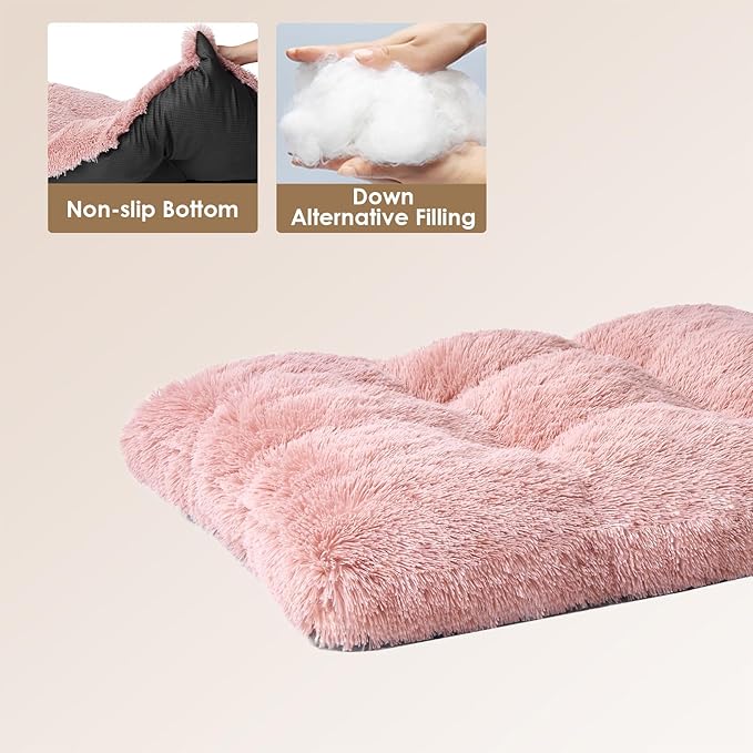EHEYCIGA Fluffy Dog Crate Bed for Medium Dogs, Plush Faux Fur Pet Crate Pad, Calming Anti Anxiety Medium Pet Bed, Washable Soft Warm Dog Mat with Non-Slip Bottom, Pink