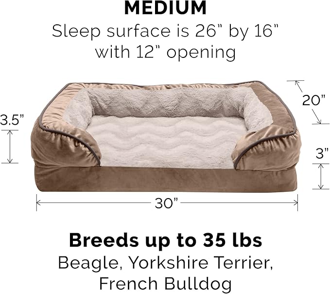 Furhaven Memory Foam Dog Bed for Medium/Small Dogs w/ Removable Bolsters & Washable Cover, For Dogs Up to 35 lbs - Plush & Velvet Waves Perfect Comfort Sofa - Brownstone, Medium