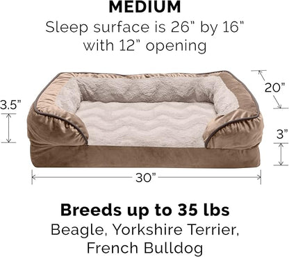 Furhaven Memory Foam Dog Bed for Medium/Small Dogs w/ Removable Bolsters & Washable Cover, For Dogs Up to 35 lbs - Plush & Velvet Waves Perfect Comfort Sofa - Brownstone, Medium