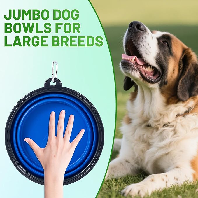 Extra Large Dog Bowl Pet Collapsible Bowls, 2 Pack Collapsible Dog Water Bowls for Large Dogs Portable Pet Feeding Water Dish for Walking Parking Traveling with 2 Carabiners (Blue+Green, Jumbo)