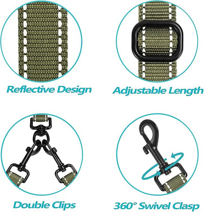 PetBonus Double Dog Leash, No Tangle Dual Leash, Reflective Walking Training Lead, 4 Comfortable Padded Handles for 2 Dogs with Collapsible Bowl and Waste Bags (Army Green, Large)