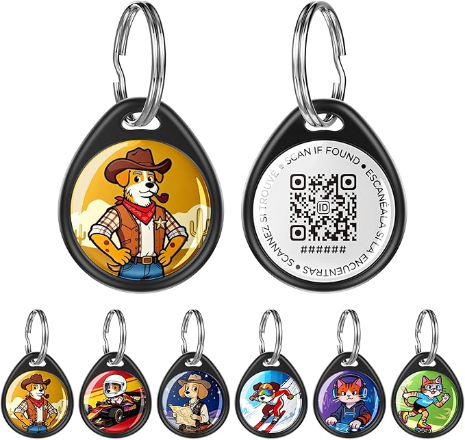 QR Code Dog Tag and Cat Tag, Scan to Reunite Faster, Waterproof and Durable, Lightweight and Quiet, Updatable Contact Info, with Cowboy Sheriff Pet Character Design