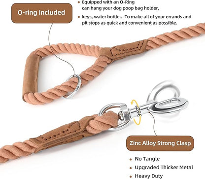 Mile High Life Dog Leash, Braided Cotton Rope Leashes with Leather Handle - Heavy Duty Metal Clasp, 6FT, 1/2" Thick - Wedding, Walking & Training Leash for Small Medium Large Dogs (Mocha Mousse)