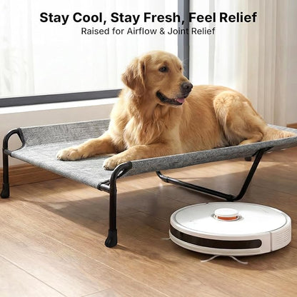Veehoo Outdoor Elevated Dog Bed, 53" XXL Raised Dog Bed with Headrest Sides, Washable Cooling Dog Cot with Non-Skid Feet, Breathable Mesh, Portable Pet Hammock for Indoor or Camping, Black Silver