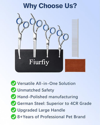 Fiurfiy 6-in-1 Dog Grooming Scissors - Professional Stainless Steel Hair Cutting Kit with Safety Rounded Tips, Ergonomic Soft-Grip Handles for Small & Large Dogs, Cats