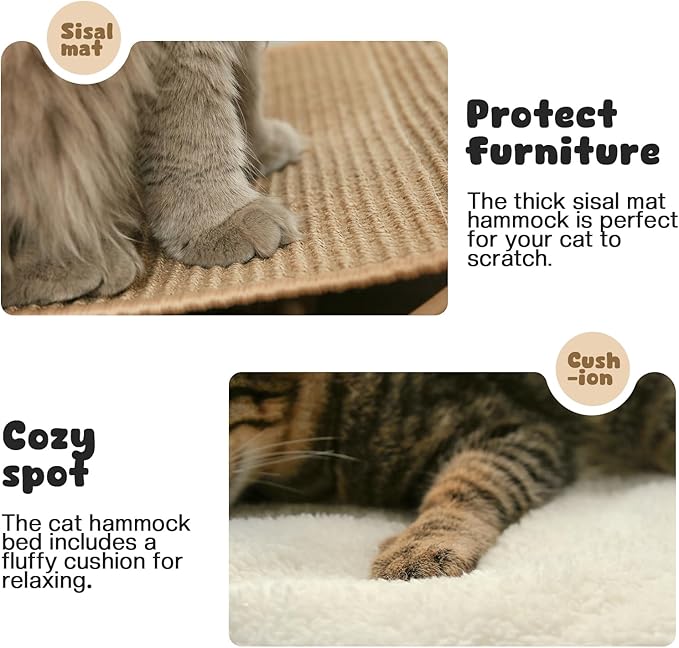 GreenPetopia Cat Hammock Bed, Wooden Elevated Cat Beds with Natural Sisal Scratching Mat, Cats Scratcher Bed with Removable Soft Cushion, Cats Scratching Beds with Wood Frames, 22" L x 17.7" W