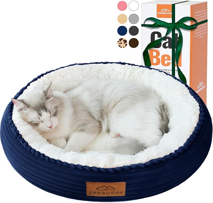 Zerbuger 20in Washable Cat Beds for Indoor Cats - Round Donut Pet Bed for Cats, Small Dogs, Puppy, Kitten - Anti-Slip Bottom, Calming Bed Gift - Navy Blue