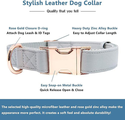 Soft Leather Dog Collar and Leash (6.6') Set - Stylish Rose Gold Heavy Duty Metal Buckle, 4 Adjustable Lengths Leash for Small Medium Large Dogs - Comfortable & Easy to Clean Grey XS(8"-12")