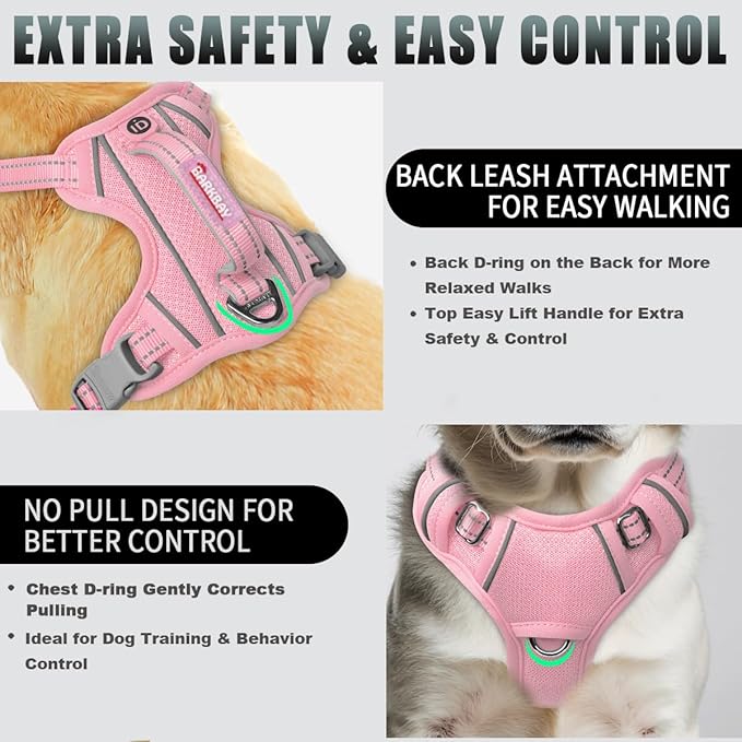 BARKBAY No Pull Dog Harness Large Reflective Dog Harness with Front Clip and Easy Control Handle for Walking Training Running with ID tag Pocket(Baby Pink,XS)