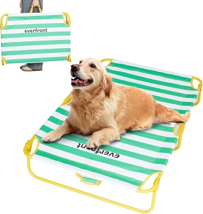 everfront Dog Elevated Bed Foldable Portable Raised Bed Camping cot Outdoor Summer Dog Bed (Large, GreenStripes-Oxford Fabric)