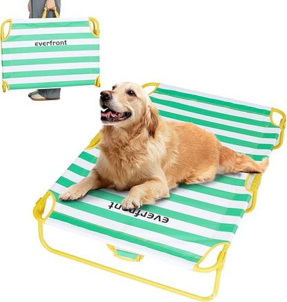 everfront Dog Elevated Bed Foldable Portable Raised Bed Camping cot Outdoor Summer Dog Bed (Large, GreenStripes-Oxford Fabric)