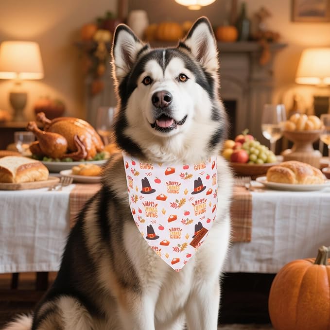 PTDECOR Thanksgiving Fall Dog Bandanas, Orange White Reversible Holiday Pet Scarf, Happy Thanksgiving Pumpkin Triangle Thanksgiving Bandanas for Medium Large Dogs Pets (Large)