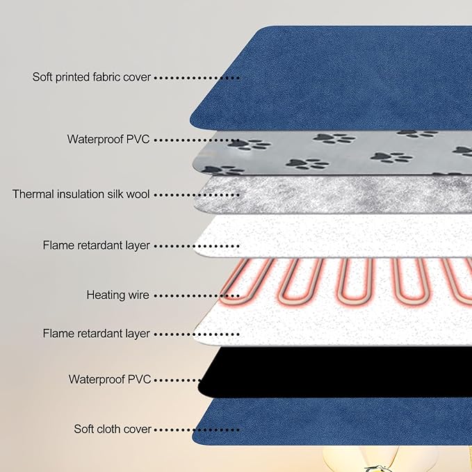 Quwzayail Pet Heating Pad for Dog, 9 Gears and time Settings and Metal Protective Tube, Adding Wire Rope Warming,Comes with Soft Fabric Cover.(22.0" L x 18.0" W x 0.5" Th, Blue Pattern)