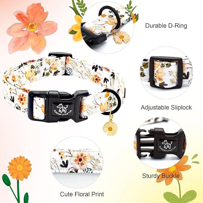 Elegant little tail Dog Collar,Flower Pattern Pet Collar Cute Durable Spring Female or Male Adjustable Cotton Pet Collar with Quick Release Buckle for X-Small Puppy
