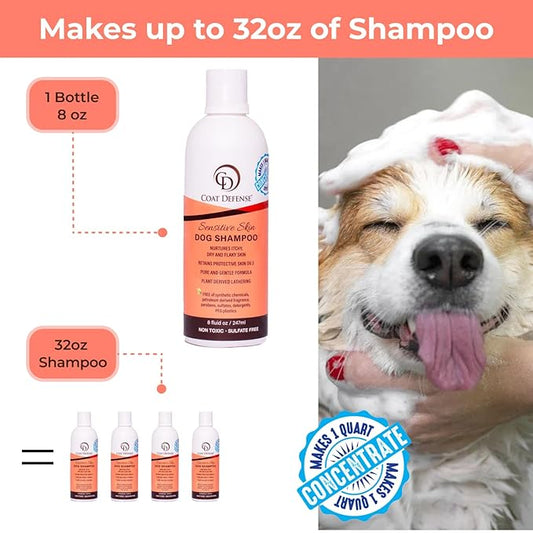COAT DEFENSE Sensitive Skin Dog Shampoo | Hypoallergenic Dog Shampoo for Allergies, Itching & Odor | Gentle Shampoo for Dogs for Dogs | 8 oz Concentrate to 32 oz