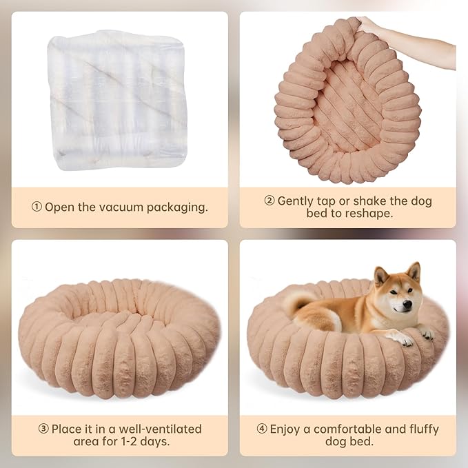 Vhen When Donut Dog and Cat Bed, Luxurious Comfortable Faux Rabbit Fur Pet Beds, Round Anti-Anxiety Calming Puppy Kitten Bed with Anti-Slip Bottom for Small Medium Dogs & Cats(23", Brown)