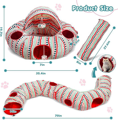 OUHOU Cat Tunnel Bed for Indoor Cats, Soft Plush Peekaboo Cat Cave Donut Tunnel, Multifunctional Cat Playground Toys Hideplace for Small Medium Large Cats, Kittens, Rabbit, Ferret (Red)