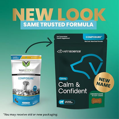 VetriScience Calm & Confident Chews, Composure Clinically Tested Calming and Anxiety Supplement for Dogs, Reduce Stress and Fear, Ideal for Thunderstorms, Fireworks and Travel, Chicken, 60 Count