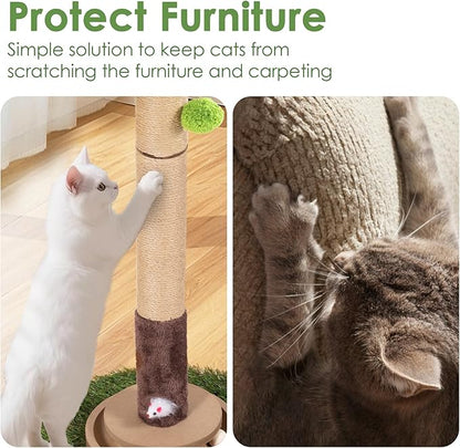 Cat Scratching Post, 35 Inch Tall Cat Scratcher Cat Tree Tower with Hanging Ball for Indoor Cats Adults,Monstera Leaf,Sisal Rope Kitten Scratch with Interactive Mouse Cat Toy