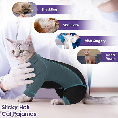 SUNFURA Hair Sticky Cat Clothes, Cat Sweater for Cats Only, 4-Legged Fleece Sweaters Kitten Pajamas Reduce Shedding Fur, Warm Pullover Shirts for Cats, Green L