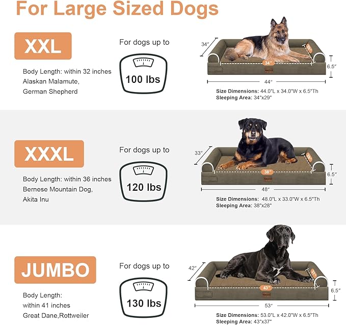 Large Dog Bed Orthopedic Washable: Beds Bolster XL Bed Large Big Dogs Memory Foam Couch Sofa Waterproof with Removable Cover - Brown