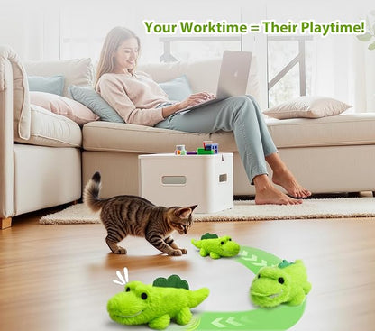 ZeLing HTL Interactive Cat Toys for Indoor Cats - Self-Charging Croc Chase Toy with 360° Motion, Wagging Tail & Catnip, Automatic Exercise Toy for Bored Kittens/Adults(Plush Fur)