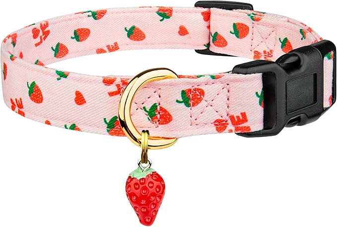 Cotton Handmade Dog Collar Cute and Distinctive Patterns Pink Strawberries with Pendant for Girl Boy Dogs Collars M