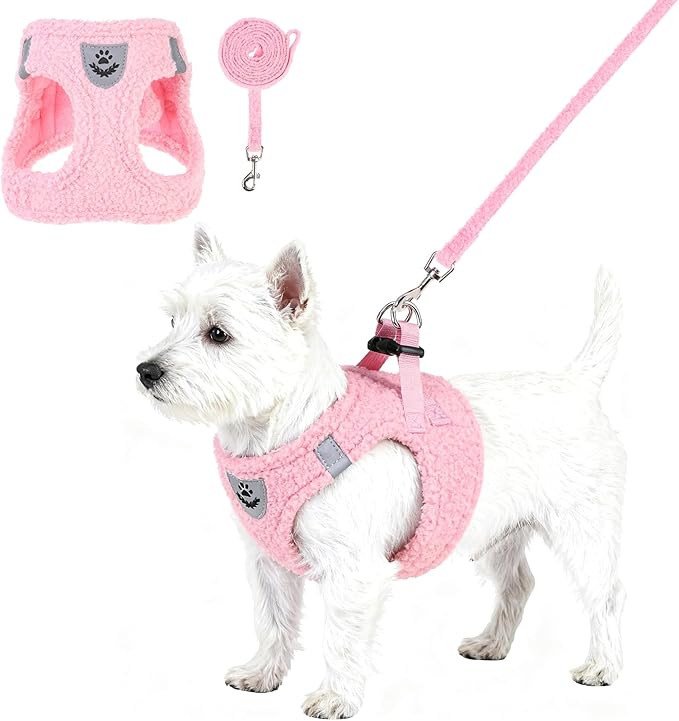 KOOLTAIL Plush Small Dog Harness and Leash Set, Warm Fleece No Pull Puppy Vest for Winter, Lightweight Reflective Step in Pet Harness for Medium Sized Dogs Boy Girl Outdoor Walking Cute Soft, Pink M