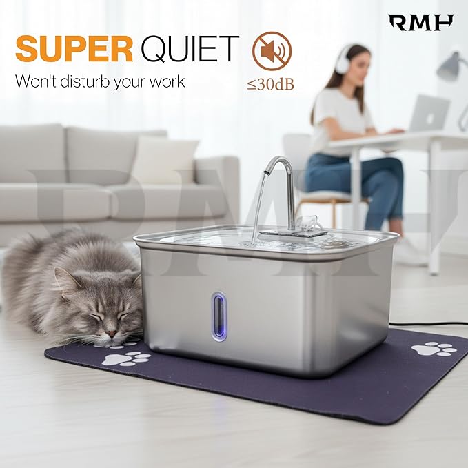 7L (28-Cup) Stainless Steel Dog & Cat Water Fountain with Large Waterproof Mat – Extra Large Automatic Pet Drinking Fountain for Large Dogs & Multi-Pet Homes – Ultra Quiet, 3-Stage Filter, LED Window
