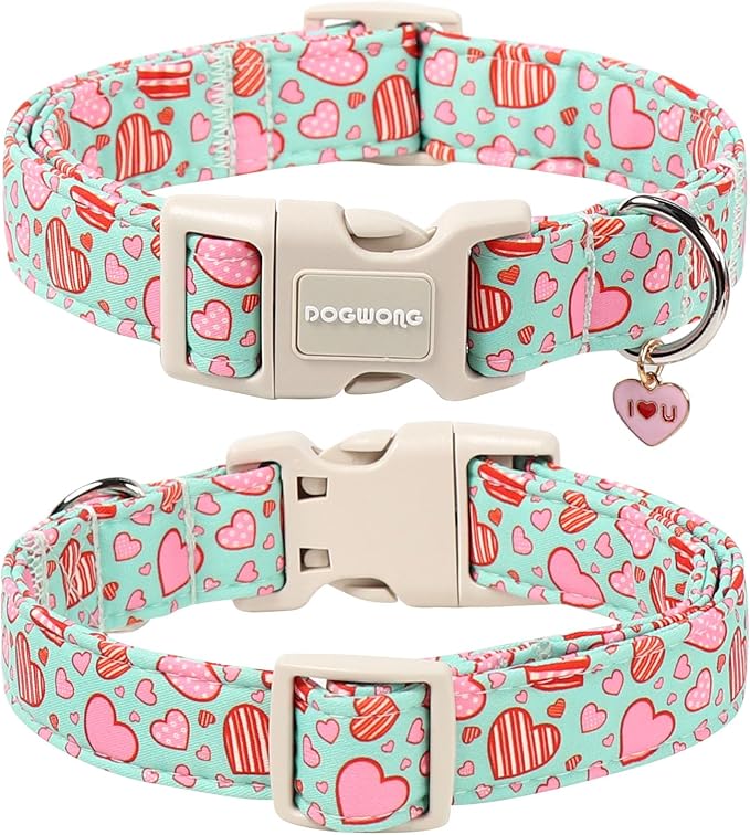 DOGWONG Valentine's Day Cute Loving Heart Printed Collar for Small Medium Large Dogs - Blue Cotton Collar for Girl and Boy Dogs