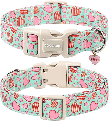 DOGWONG Valentine's Day Cute Loving Heart Printed Collar for Small Medium Large Dogs - Blue Cotton Collar for Girl and Boy Dogs