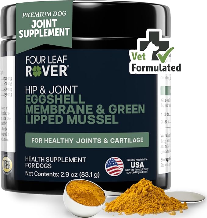 Four Leaf Rover Hip & Joint - Mobility & Joint Support with Glucosamine and Chondroitin for Dogs, 2.9 oz - 22 to 60 Day Supply, Depending on Dog’s Weight - Vet Formulated - Easy to Mix - Delicious