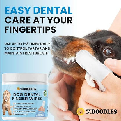 We Love Doodles Dog Teeth Cleaning Wipes - Pet Dental Finger Wipes for Dogs - Cleans Teeth and Gums, Freshens Breath Dog Dental Wipes, Prevents Tartar Buildup, Fits Most Finger Sizes - 100 PCS