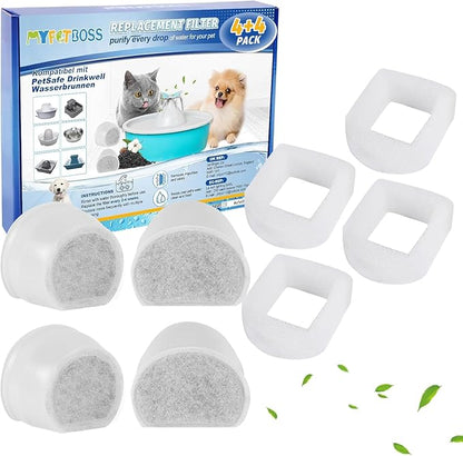 MyfatBOSS Cat Fountain Filter - Pre-Sponge & Carbon Filters Fit for Petsafe & Drinkwell Fountain - 4+4 Pack