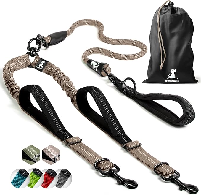 SparklyPets - Double Dog Bungee Rope Leash - Dual Dog Lead for Medium and Large Breeds - Padded Handles, No Tangle - Flow Leash, 2 Dogs Walking Accessory