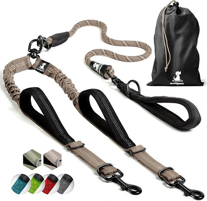 SparklyPets - Double Dog Bungee Rope Leash - Dual Dog Lead for Medium and Large Breeds - Padded Handles, No Tangle - Flow Leash, 2 Dogs Walking Accessory