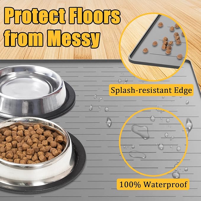 Large Dog Mat for Food and Water, 31.8"x23.8" Silicone Pet Feeding Mats, Waterproof Dog Bowl Mat with High Edges to Prevent Water and Food Spills, Black