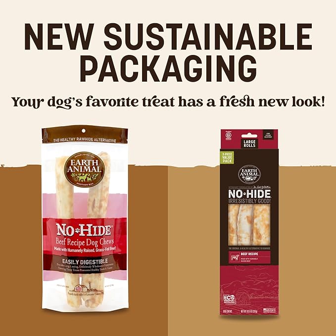 Earth Animal No Hide Chews - Long Lasting Rawhide Free Large Dog Chews Rolls, Beef - 3 Count Value Pack