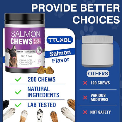 Omega 3 Skin and Coat Supplement for Dogs 200 Chews Dog Fish Oil Supplements with EPA & DHA Fatty Acids Dry Skin Relief for Dogs Shedding Allergy Itching Promotes Heart Hip Joint Health Salmon Flavor