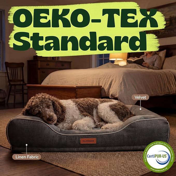 hush bone 42 Inch XL Orthopedic Dog Couch Bed for Large Dogs Up to 80 lbs,Cooling Gel Memory Foam + Egg Crate Foam,Waterproof Removable Washable Cover,4-Sided Bolster,Non-Slip Bottom,Dark Grey